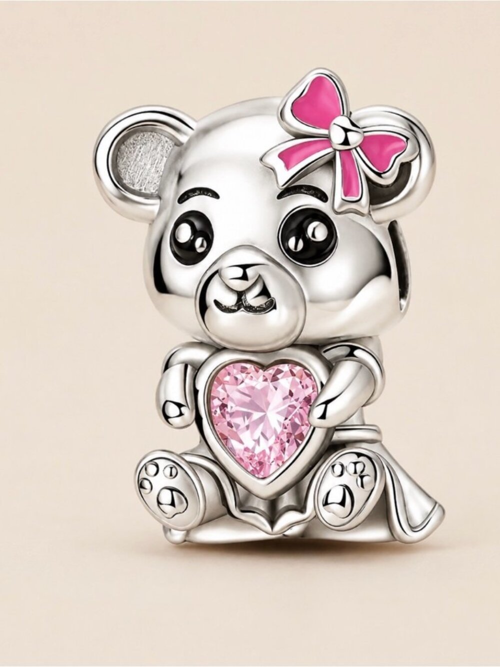 Sterling Silver Bear Charm with Pink Heart and Pink Bow